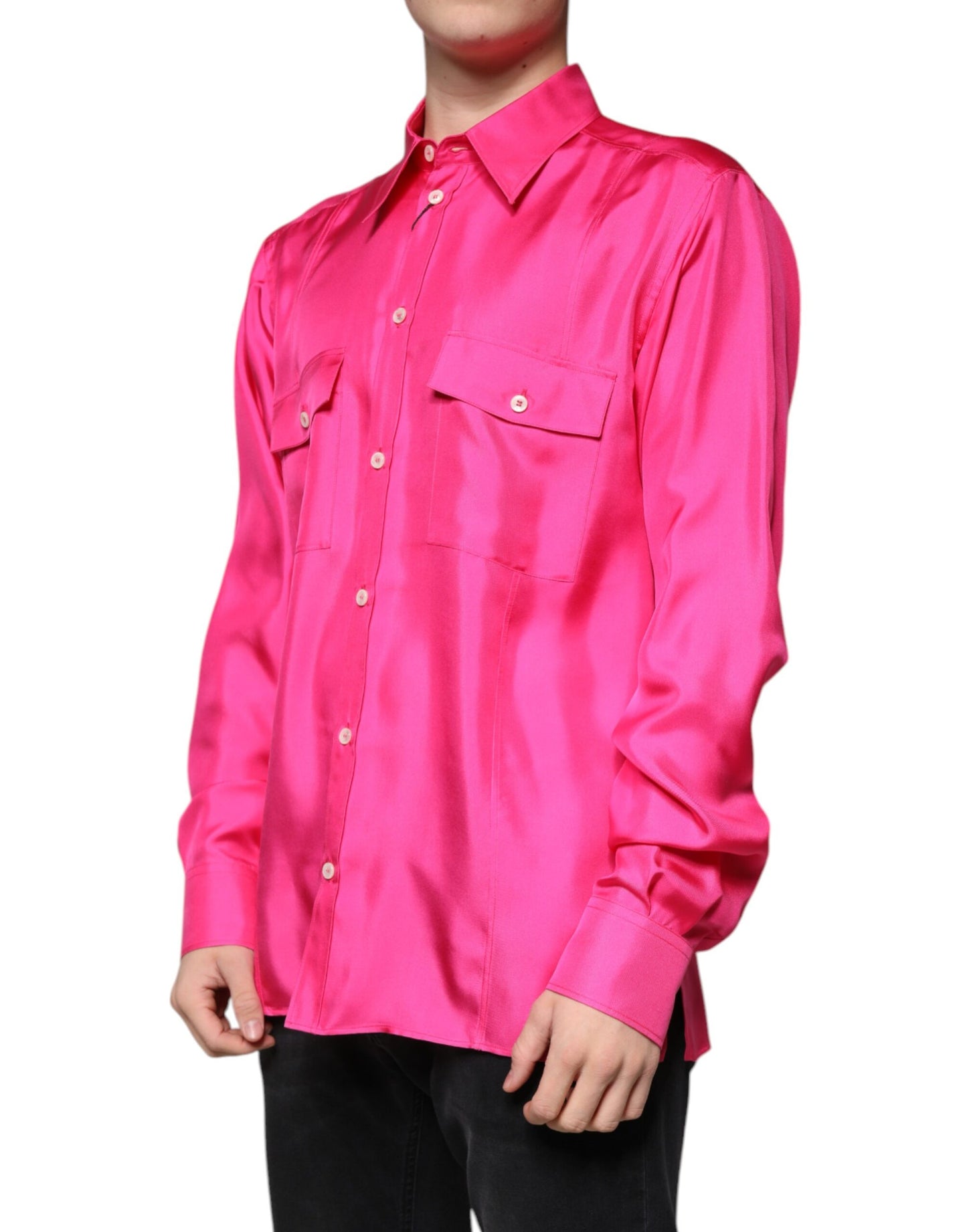 Dolce & Gabbana Lyserød Silkekrave Herreskjorte Med Button Down-Stil