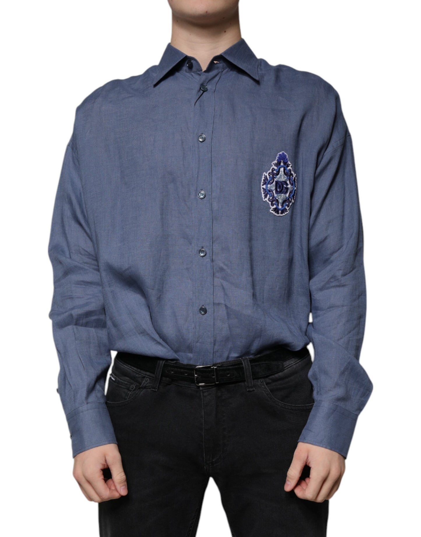 Dolce & Gabbana Blå Logo Langærmet Casual Skjorte med Knapper