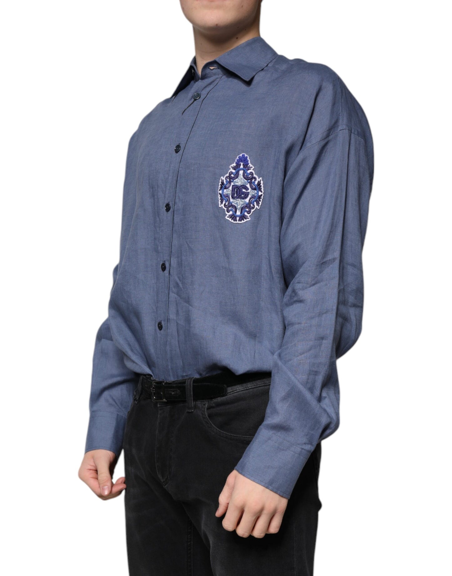 Dolce & Gabbana Blå Logo Langærmet Casual Skjorte med Knapper
