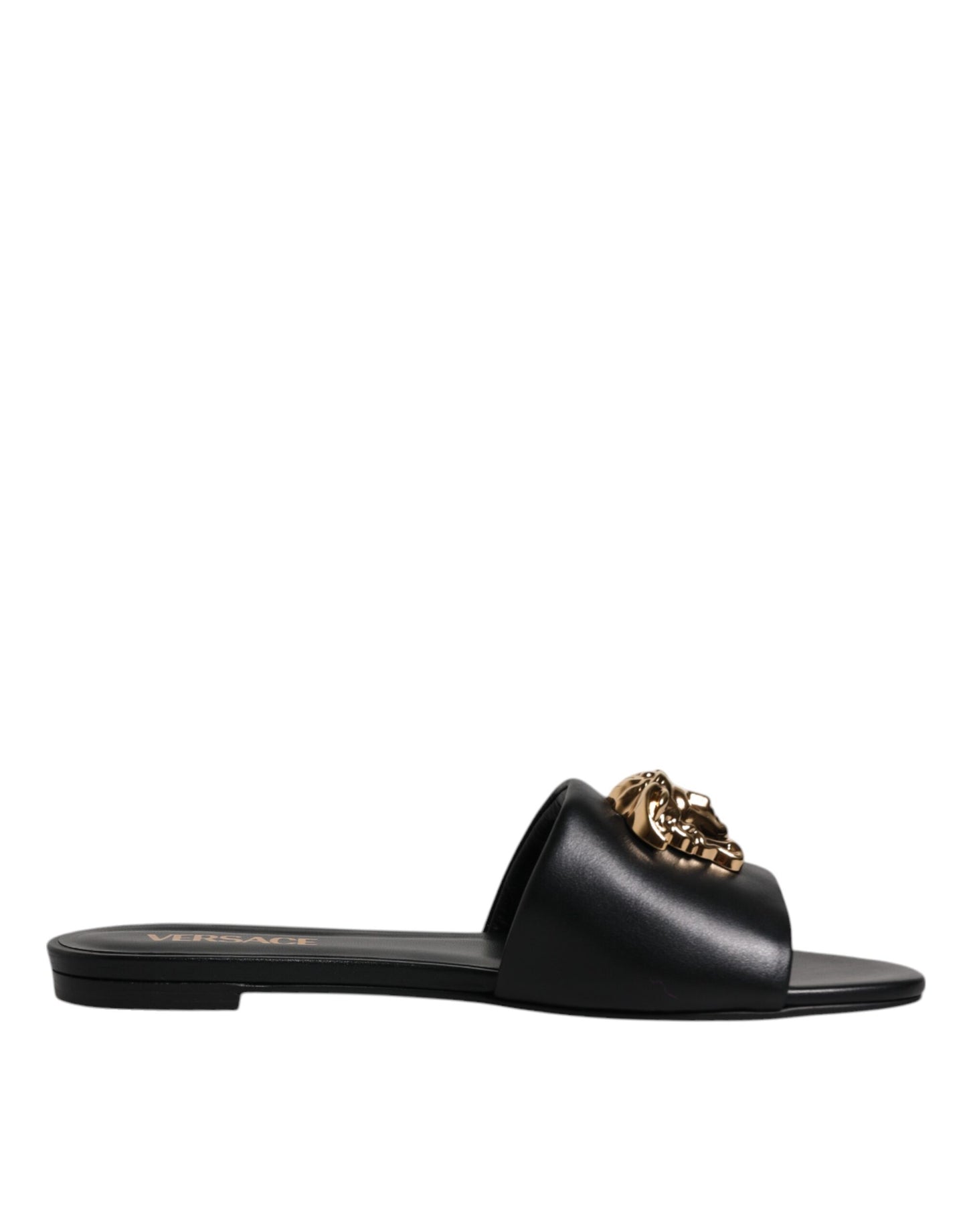 Versace sorte læder slip-on sandaler med logoplakette