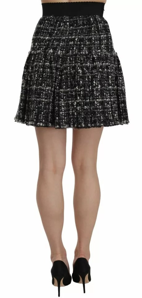 Dolce & Gabbana Sort Ternet Uld Mini Nederdel med Flæsedetaljer
