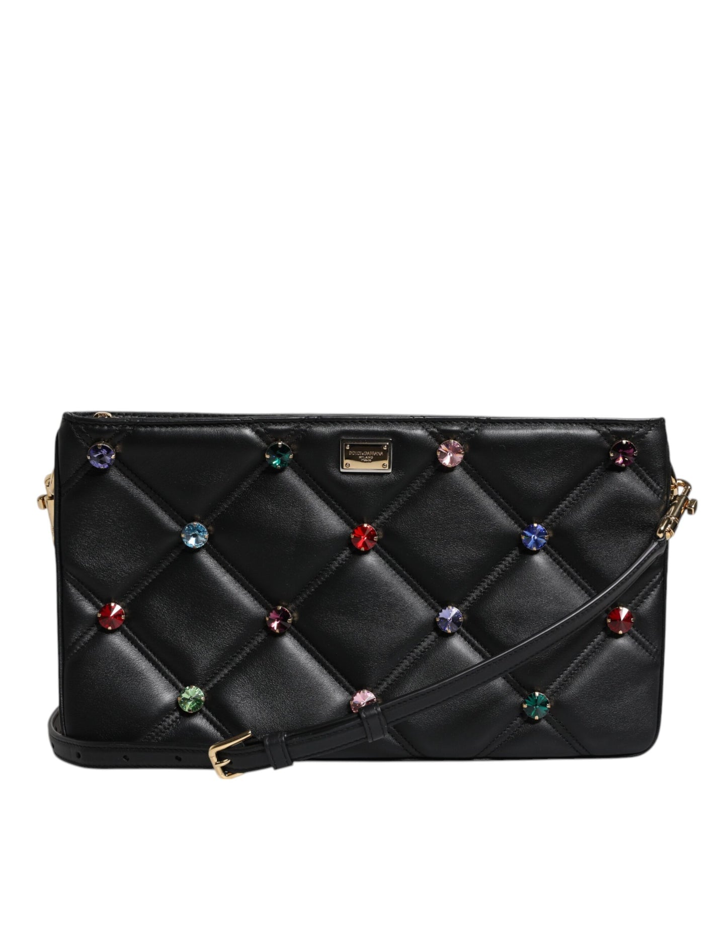 Dolce & Gabbana sort læder skuldertaske med krystaludsmykning og logo