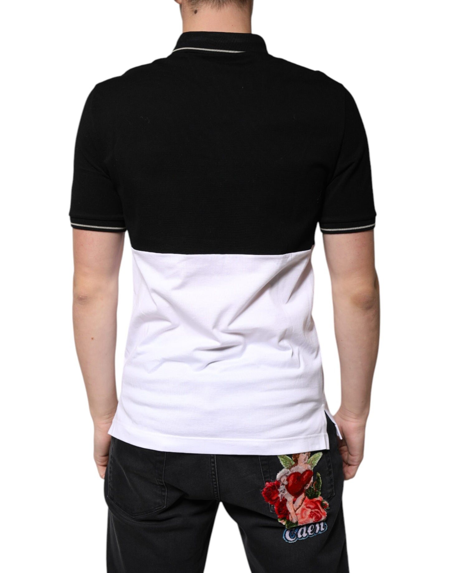 Dolce & Gabbana Sort Hvid Bomuldspolo T-shirt med Korte Ærmer