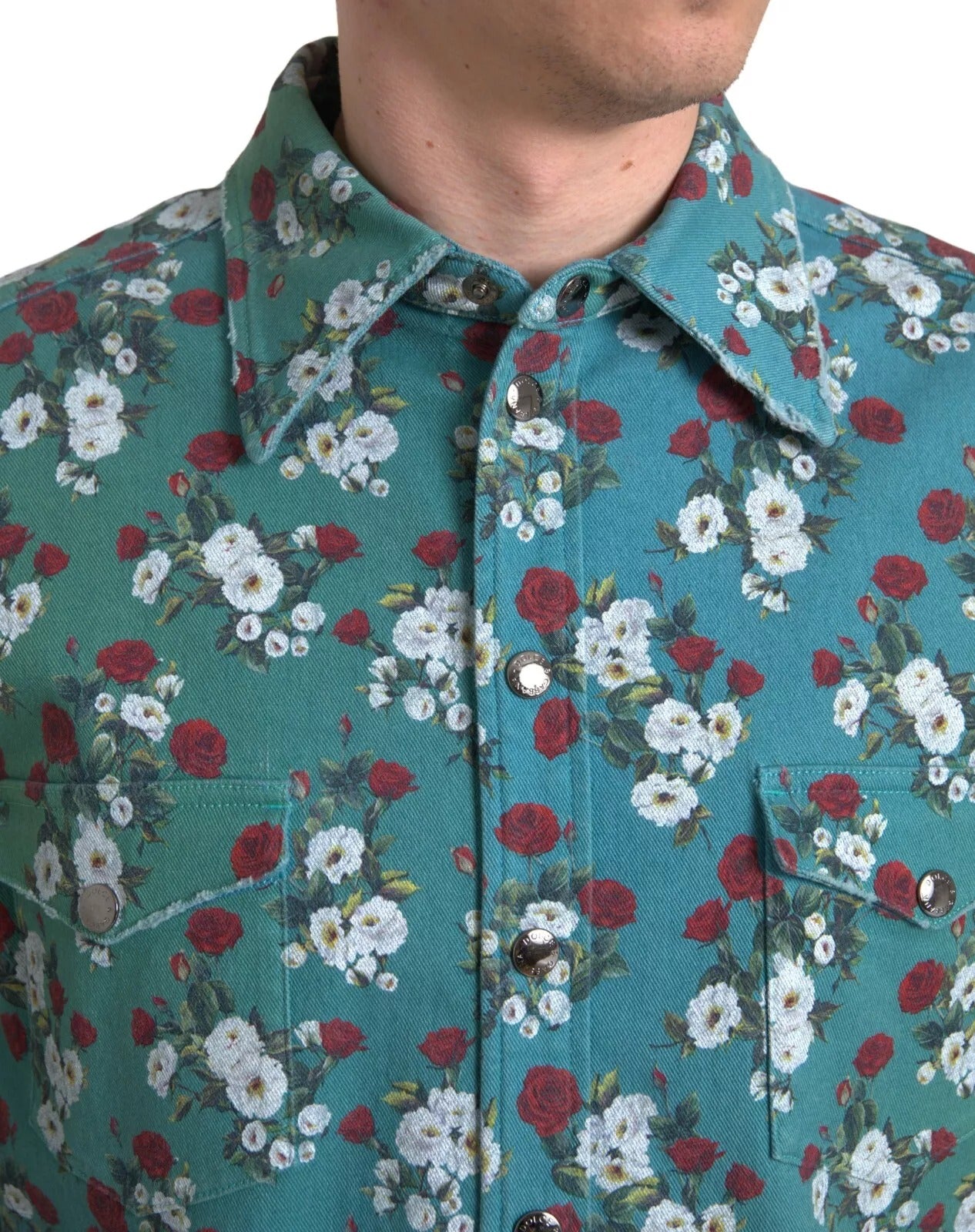 Dolce & Gabbana Blå Blomstret Bomulds Denimskjorte Med Knapper