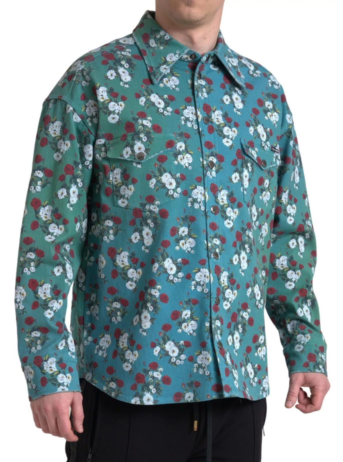 Dolce & Gabbana Blå Blomstret Bomulds Denimskjorte Med Knapper