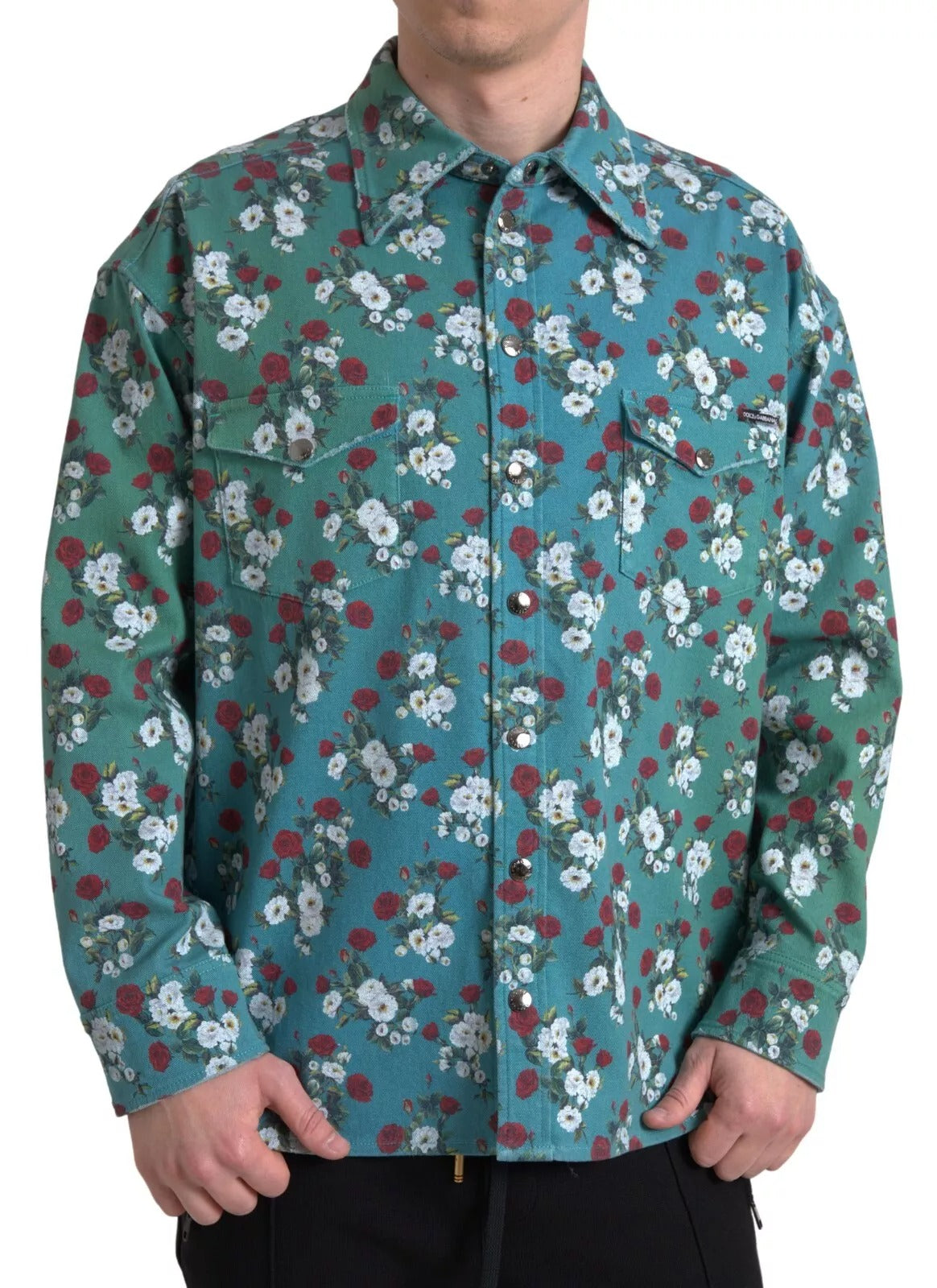 Dolce & Gabbana Blå Blomstret Bomulds Denimskjorte Med Knapper