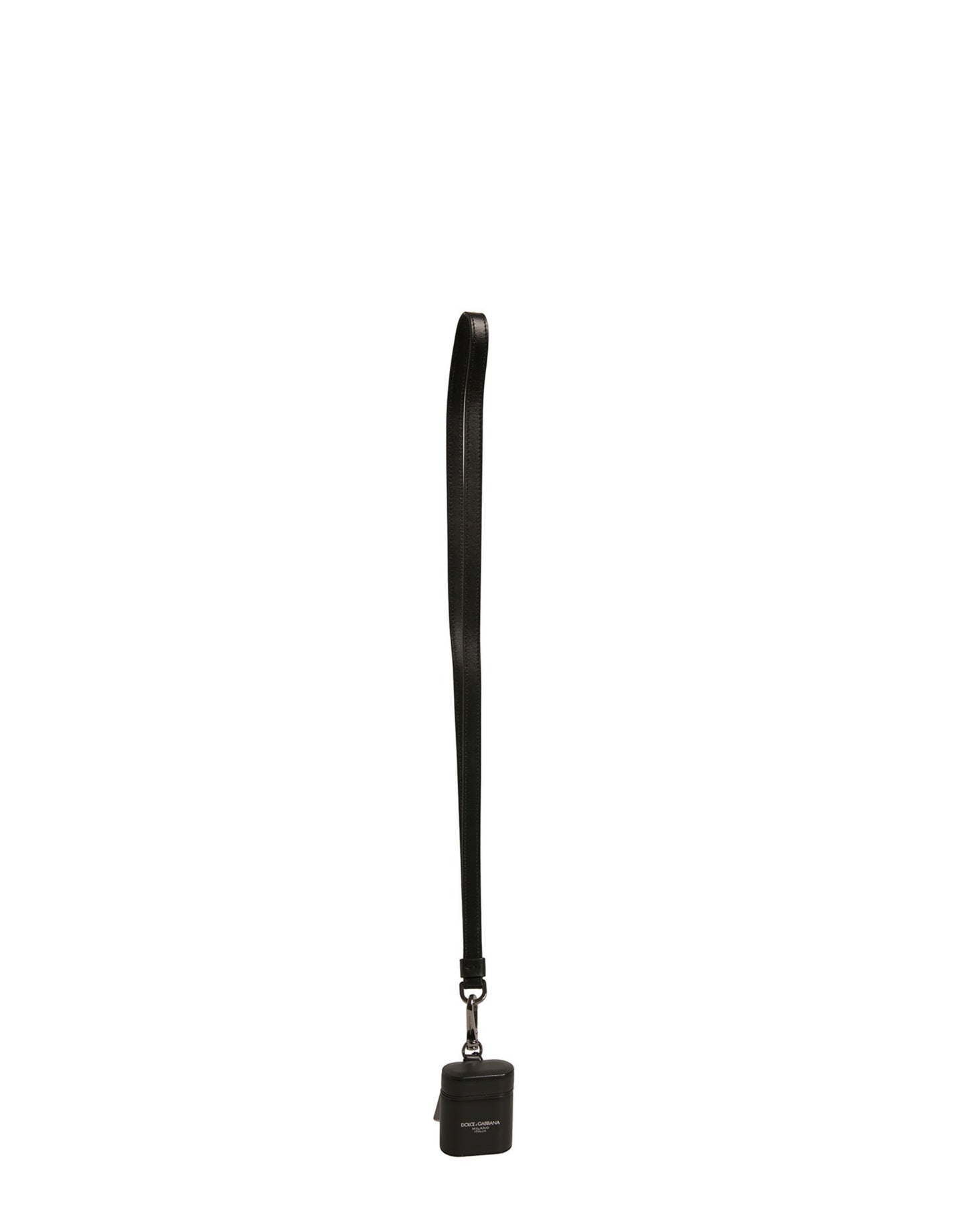 Dolce & Gabbana Airpods-etui i sort læder med logo og sølvfarvet metalrem