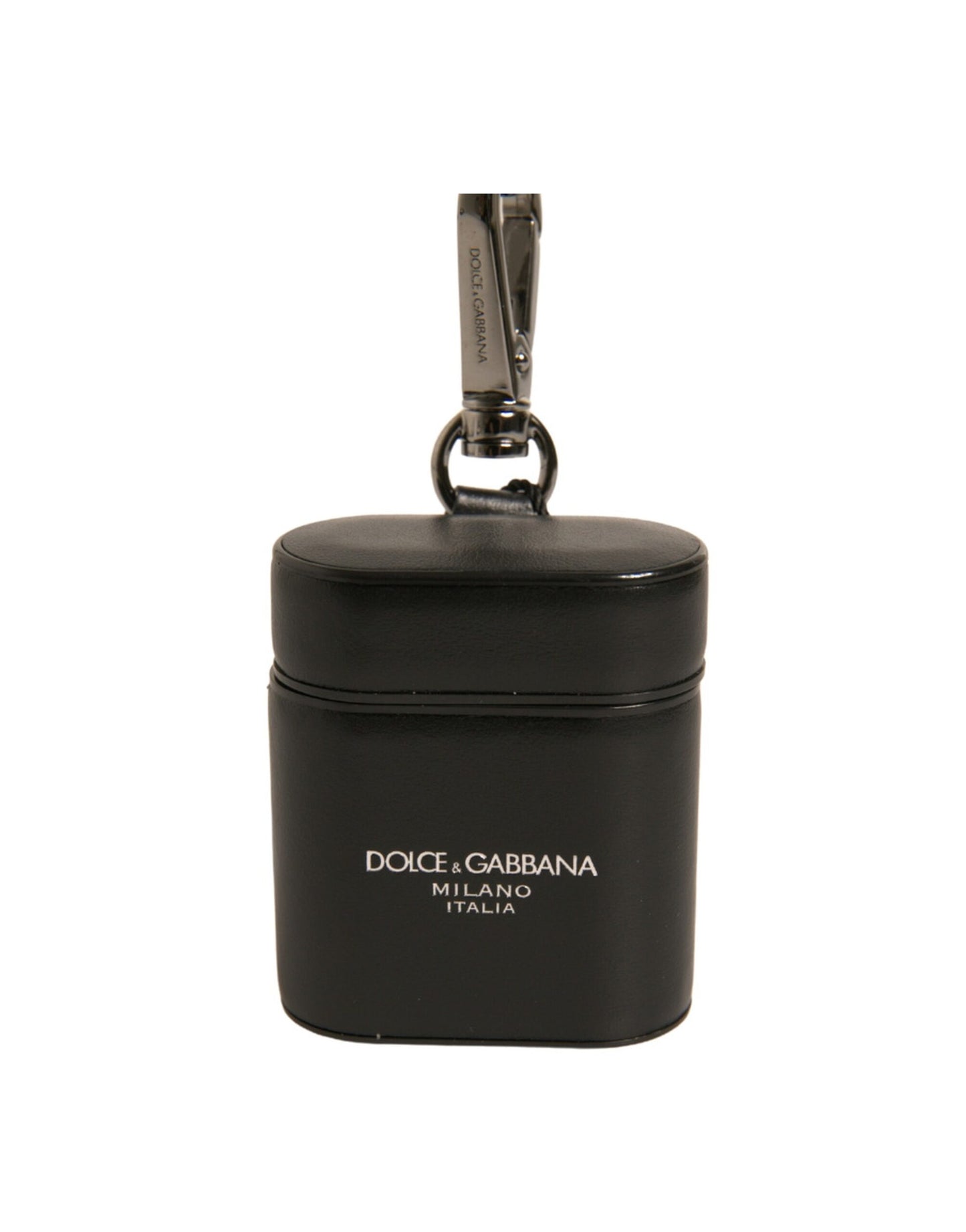 Dolce & Gabbana Airpods-etui i sort læder med logo og sølvfarvet metalrem