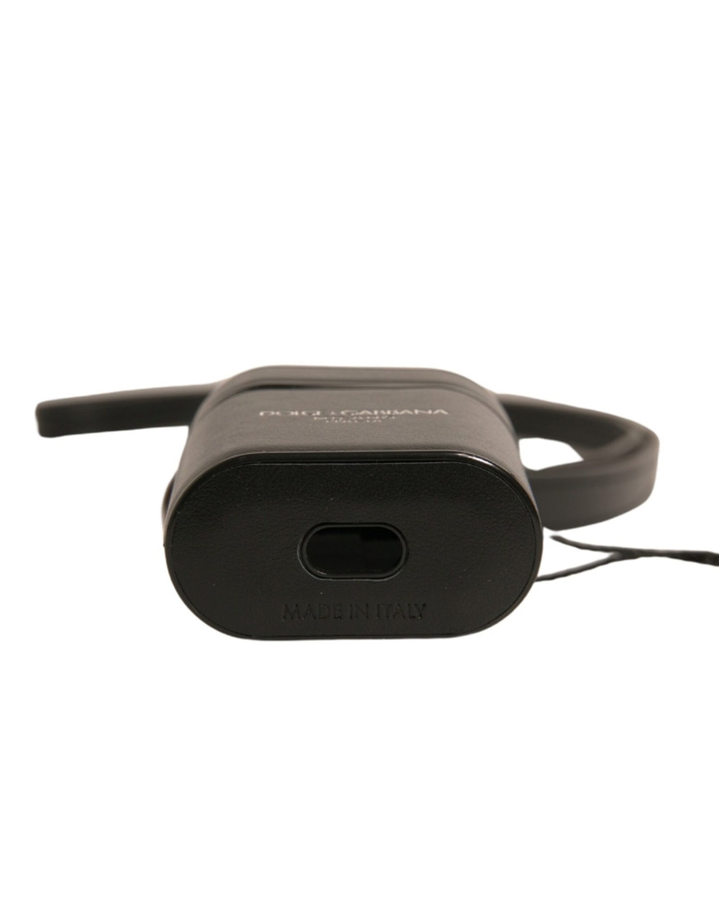 Dolce & Gabbana Airpods-etui i sort læder med logo og sølvfarvet metalrem