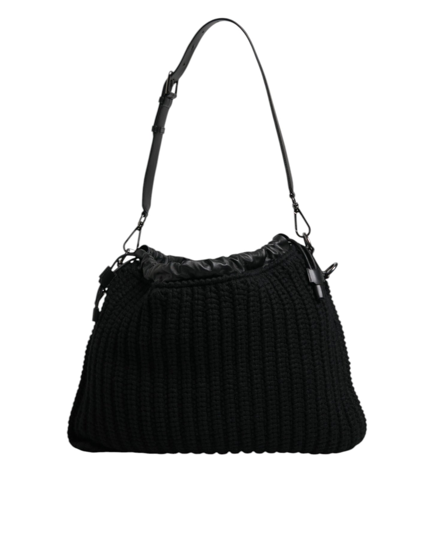 Dolce & Gabbana Sort Cashmere Strikket Læder Skuldertaske