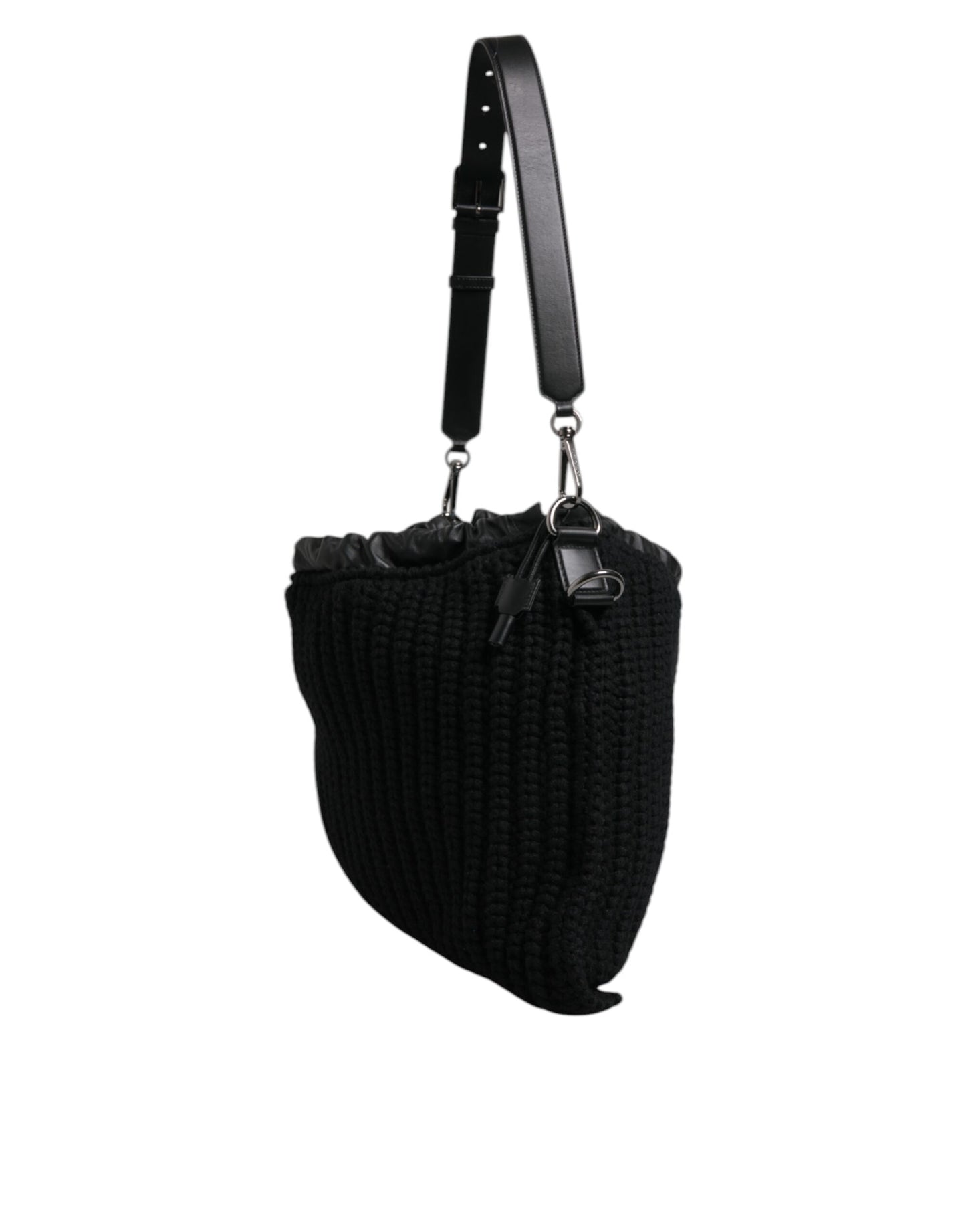 Dolce & Gabbana Sort Cashmere Strikket Læder Skuldertaske