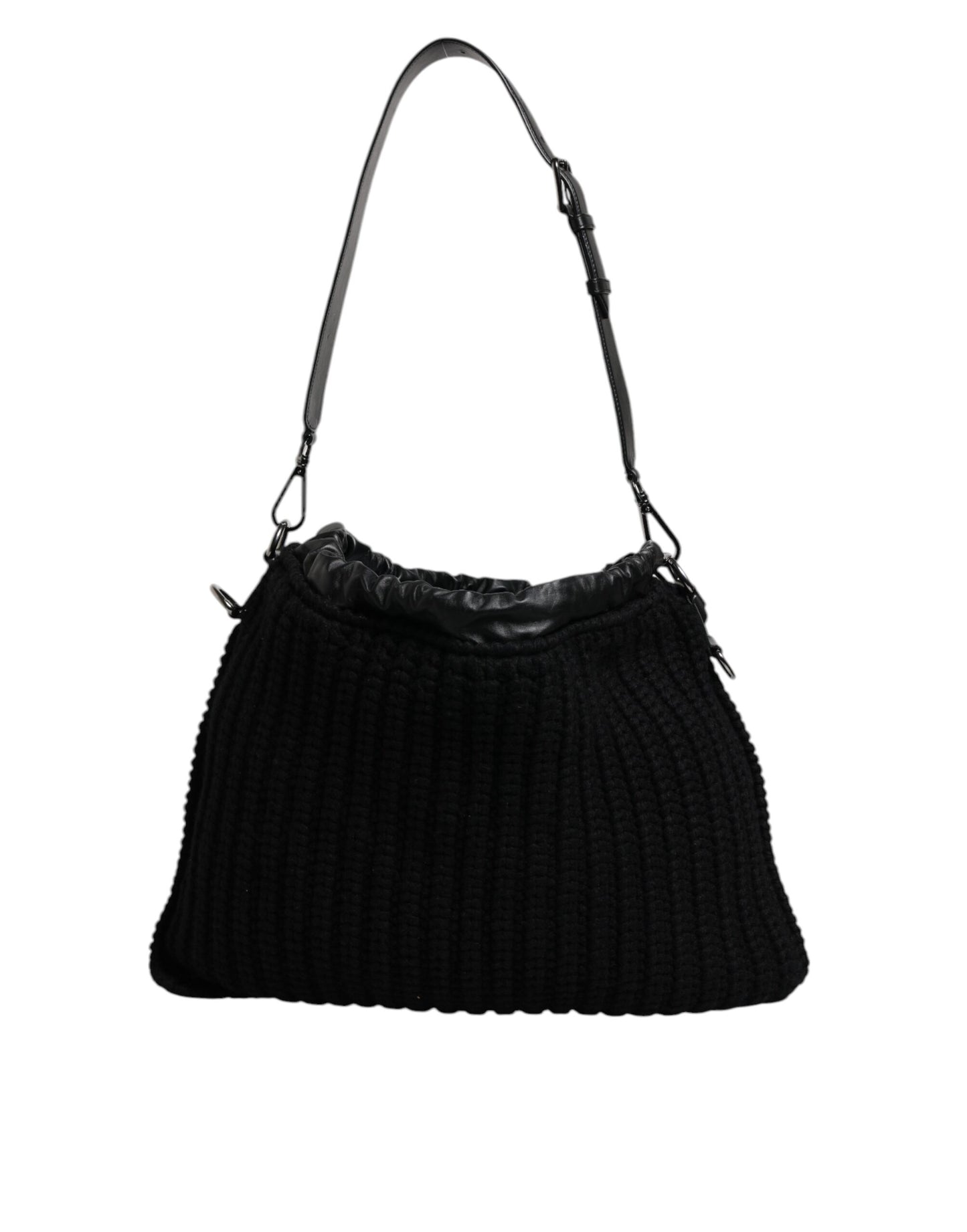 Dolce & Gabbana Sort Cashmere Strikket Læder Skuldertaske