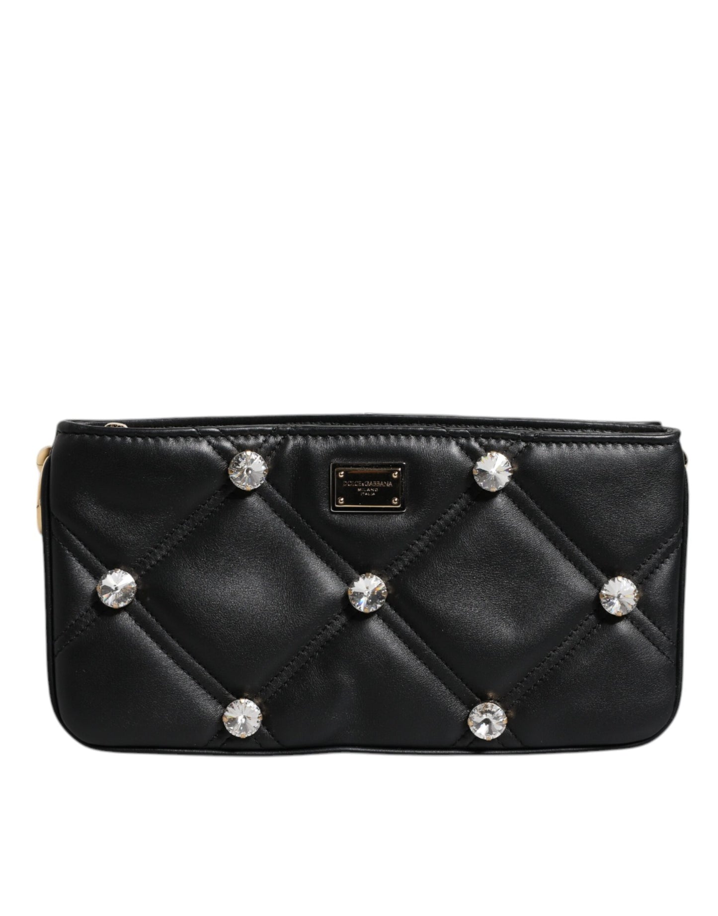 Dolce & Gabbana sort læder skuldertaske med krystaludsmykning og logo