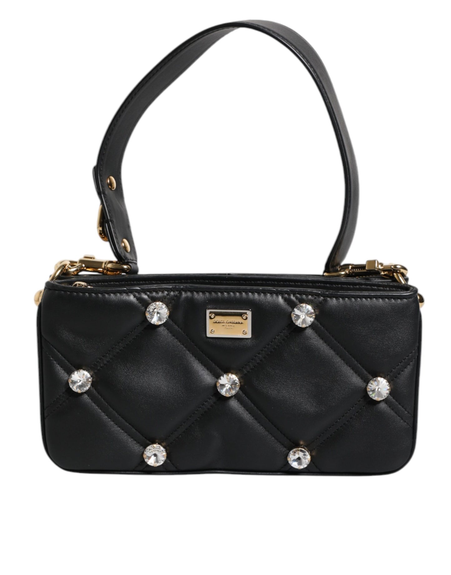 Dolce & Gabbana sort læder skuldertaske med krystaludsmykning og logo