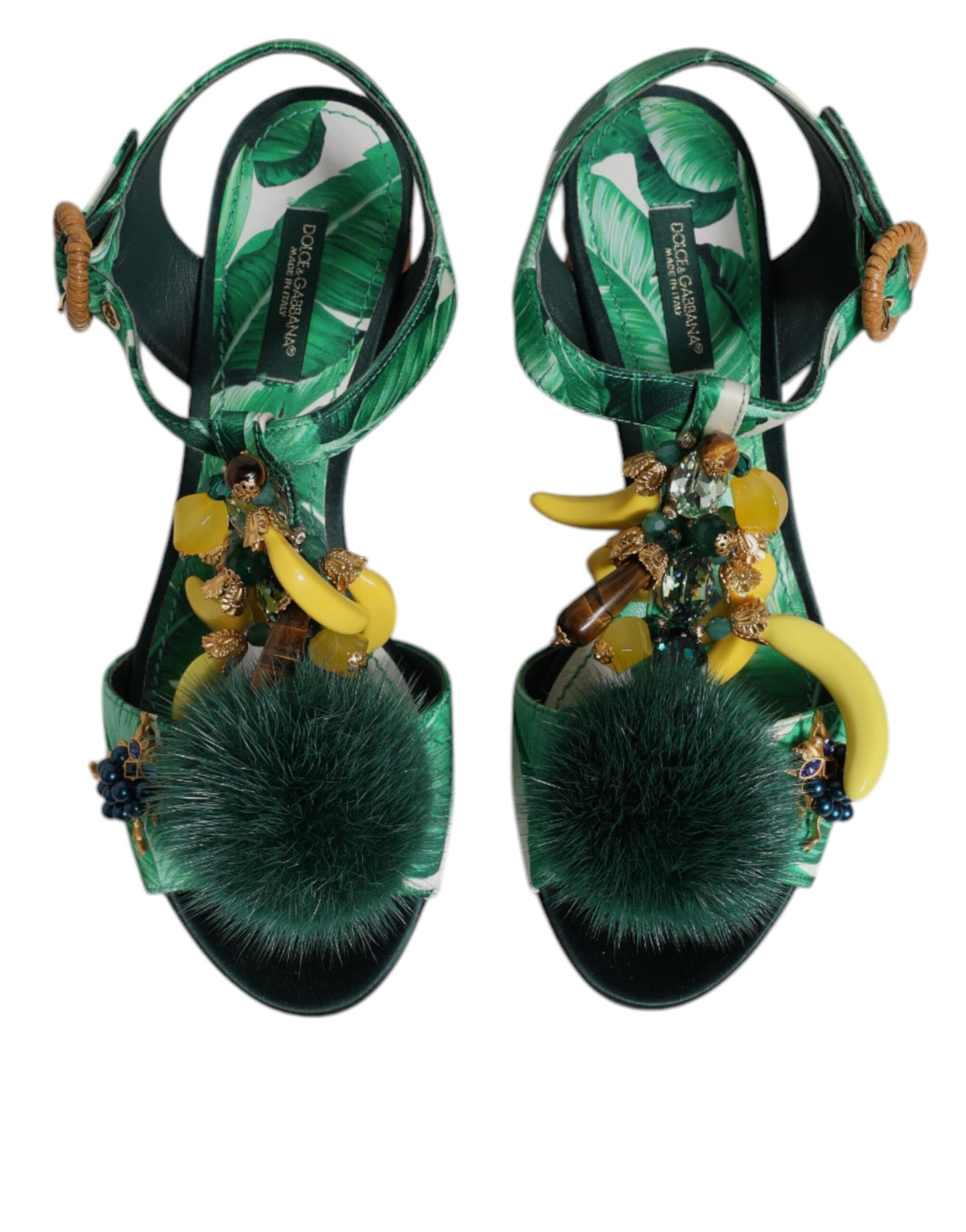 Dolce & Gabbana Grønne Krystalpelsandaler Med Pelsudsmykning