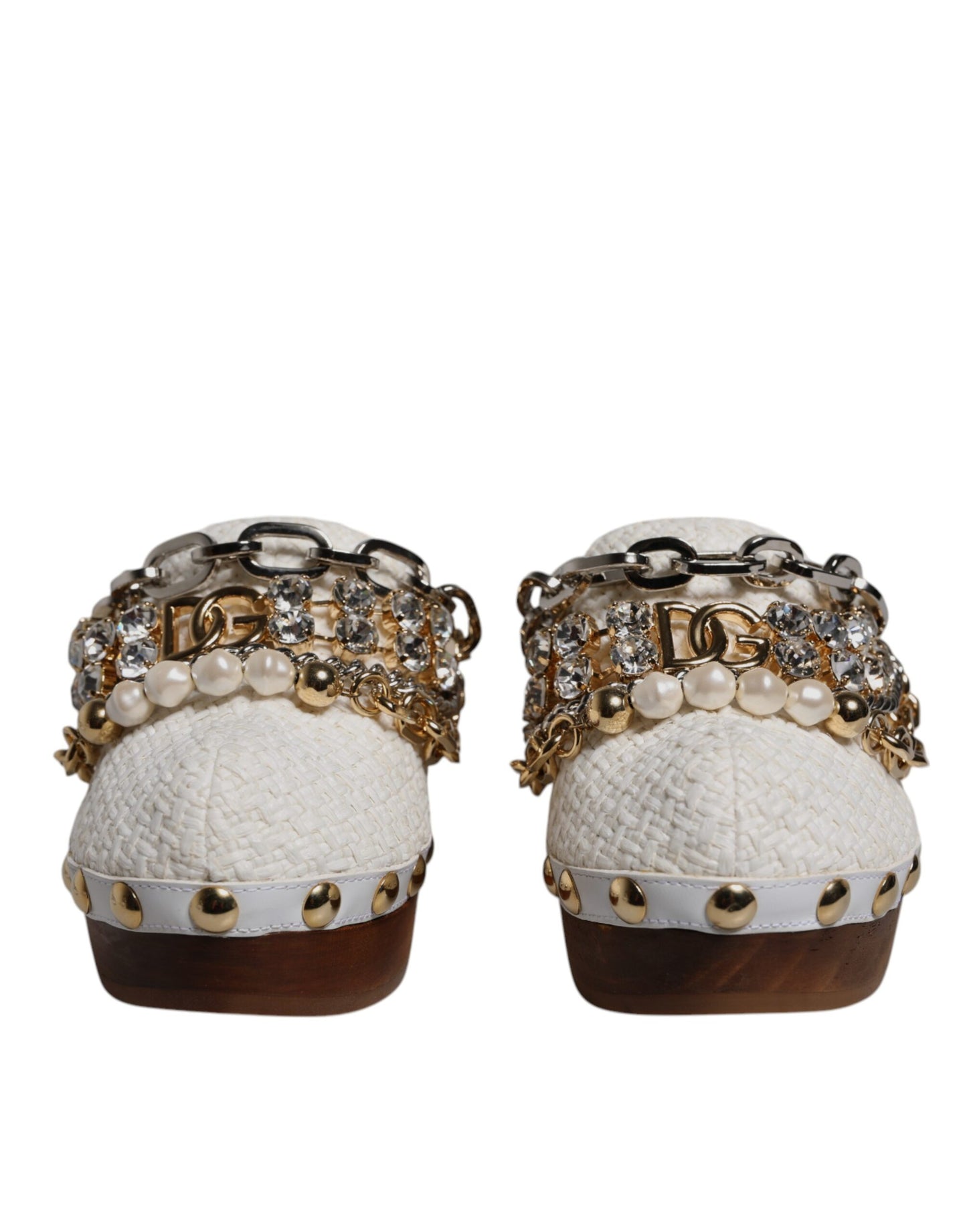 Dolce & Gabbana Hvide Raffia Træsko Bejeweled Kædesandaler Sko