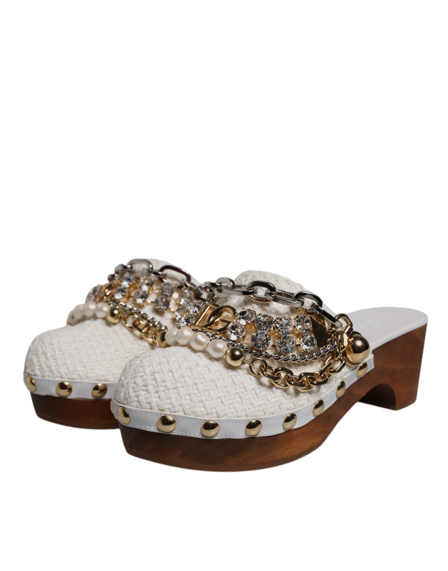 Dolce & Gabbana Hvide Raffia Træsko Bejeweled Kædesandaler Sko