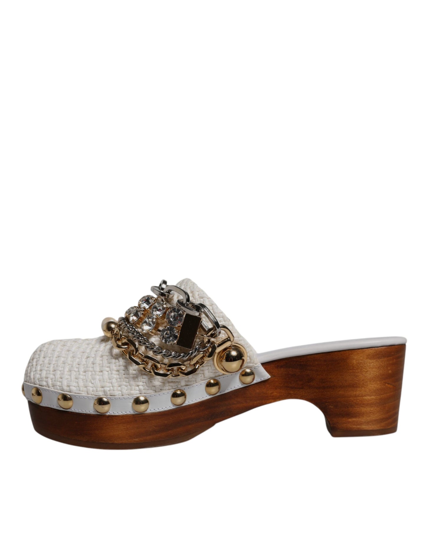 Dolce & Gabbana Hvide Raffia Træsko Bejeweled Kædesandaler Sko