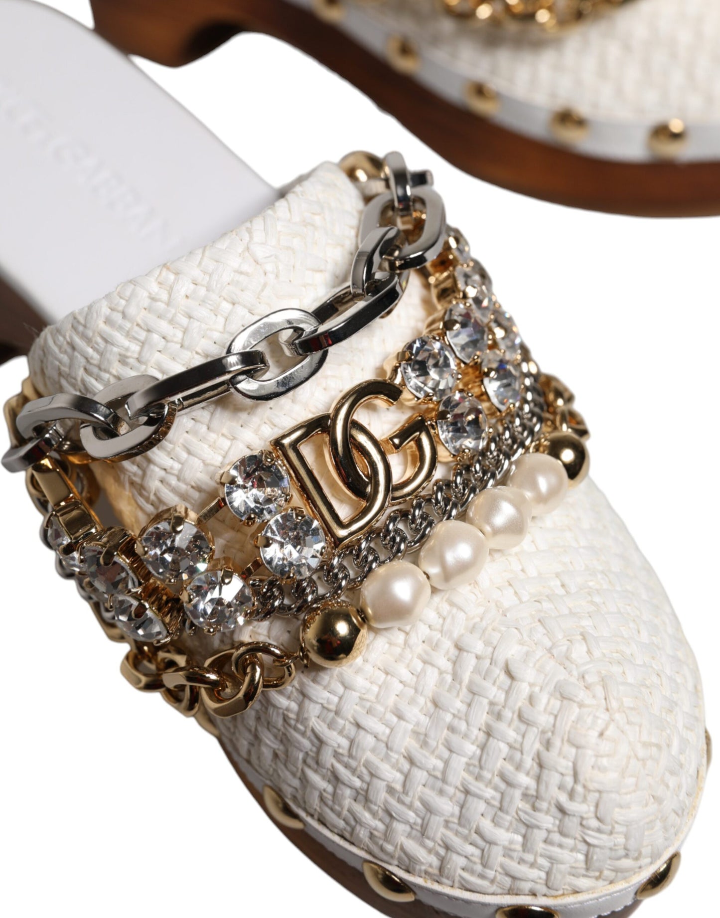 Dolce & Gabbana Hvide Raffia Træsko Bejeweled Kædesandaler Sko