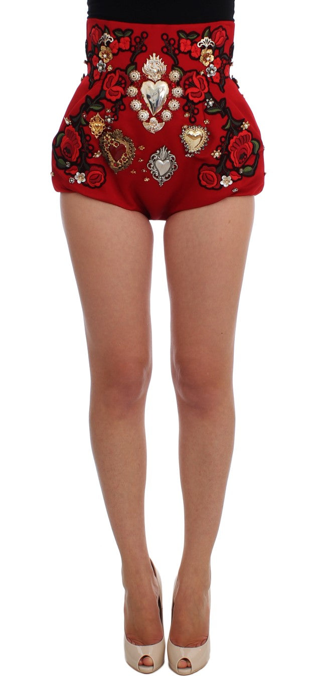 Dolce & Gabbana Røde Silke Krystaludsmykkede Mini Shorts