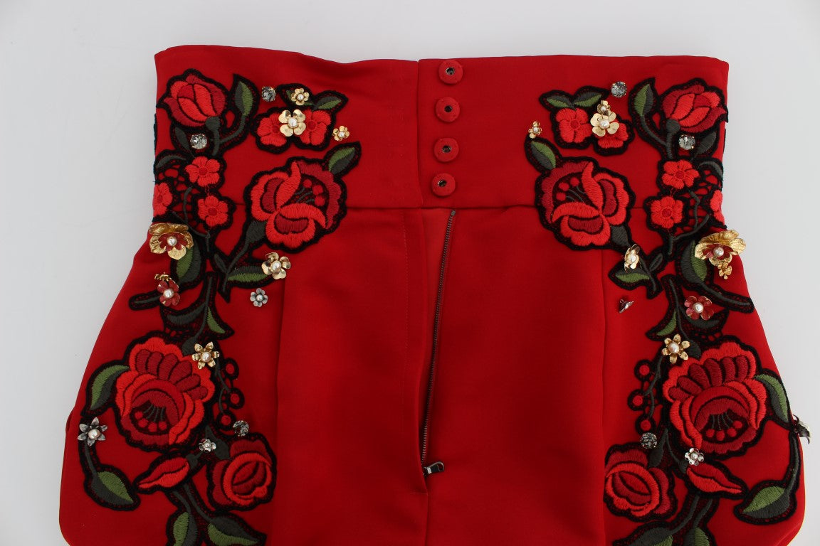 Dolce & Gabbana Røde Silke Krystaludsmykkede Mini Shorts