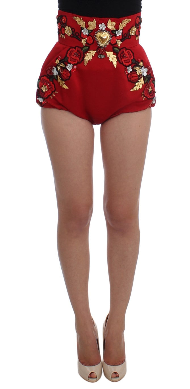 Dolce & Gabbana Røde Silke Krystaludsmykkede Højtaljede Shorts