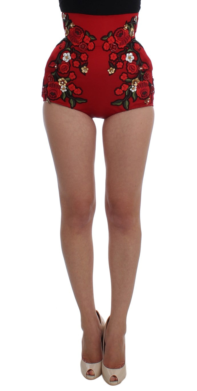 Dolce & Gabbana Glamorous Red Silke Shorts med Broderi og Blomsterprint