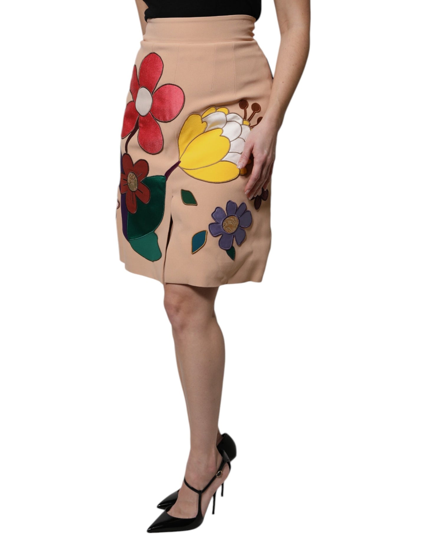 Dolce & Gabbana Beige Blomstret Højtaljet Pencil Cut Nederdel