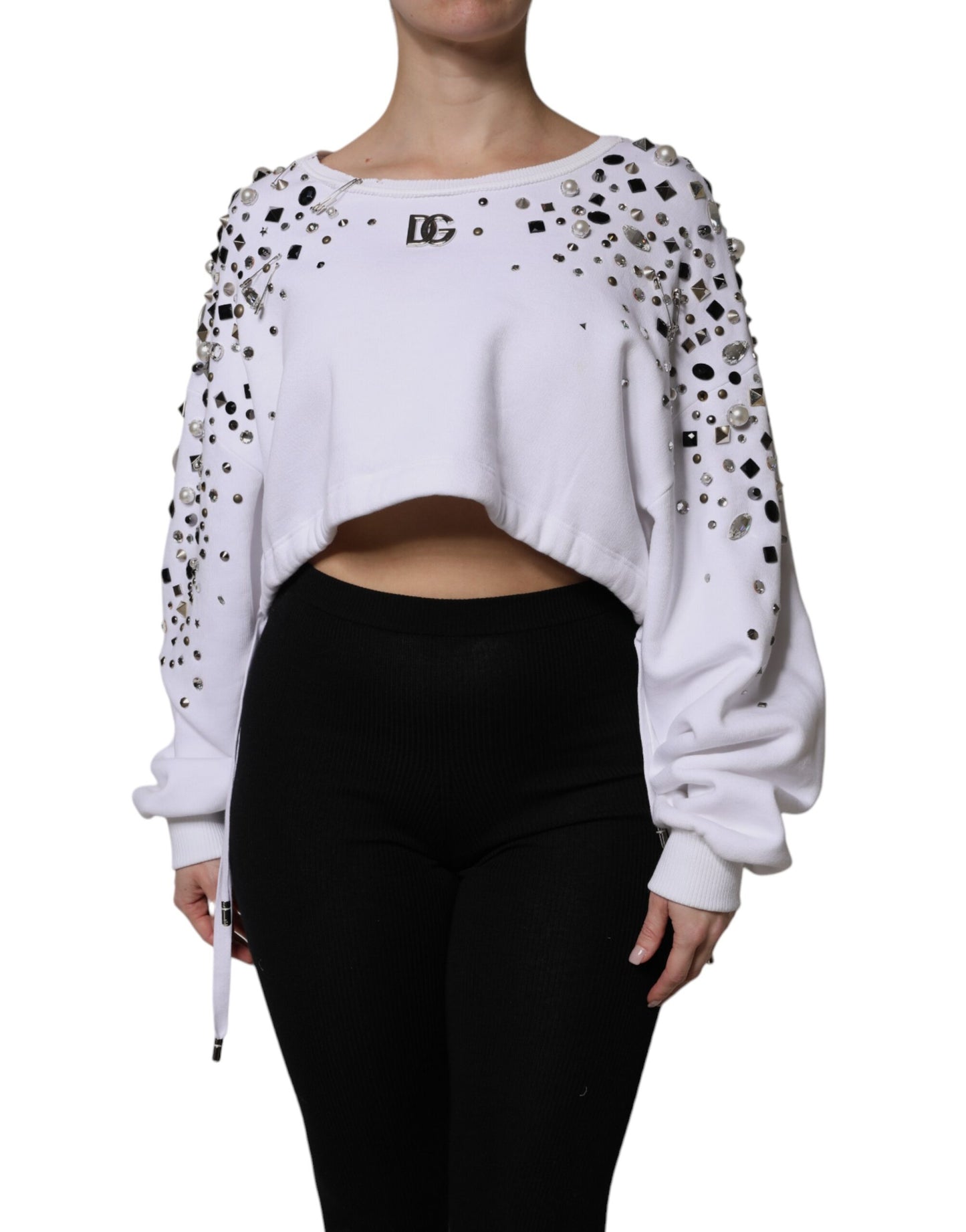 Dolce & Gabbana Hvid Udsmykket Langærmet Cropped Sweater