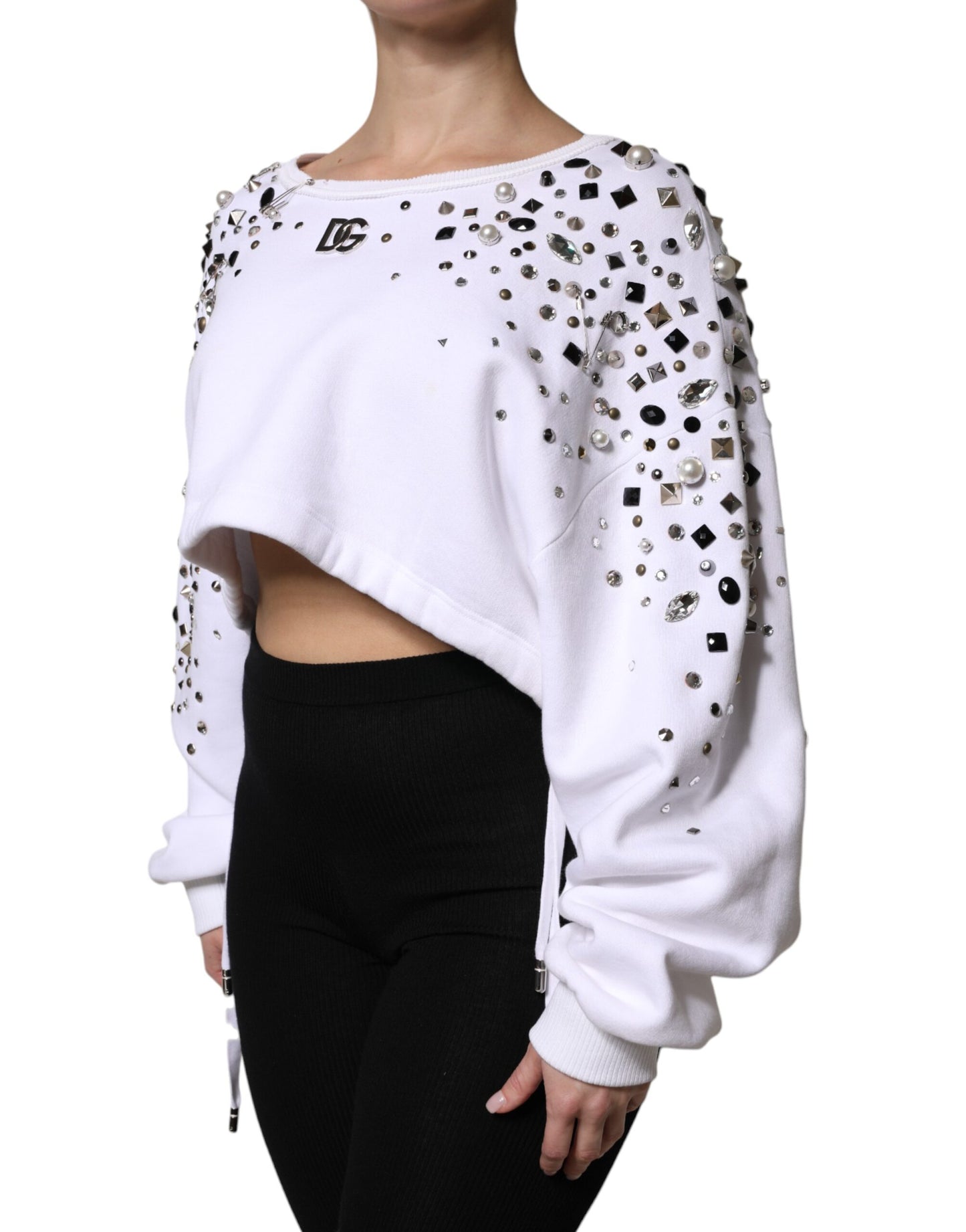 Dolce & Gabbana Hvid Udsmykket Langærmet Cropped Sweater