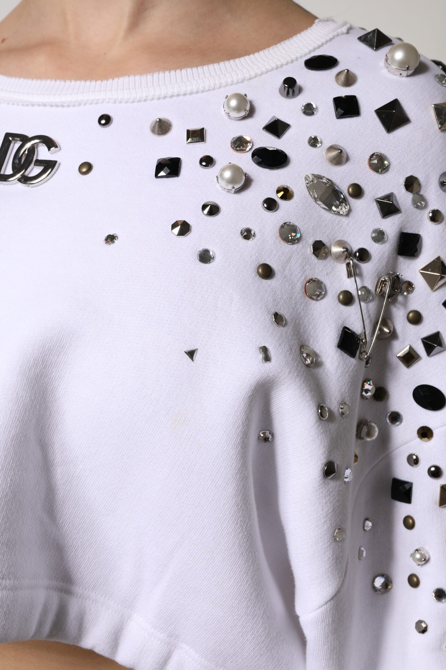 Dolce & Gabbana Hvid Udsmykket Langærmet Cropped Sweater