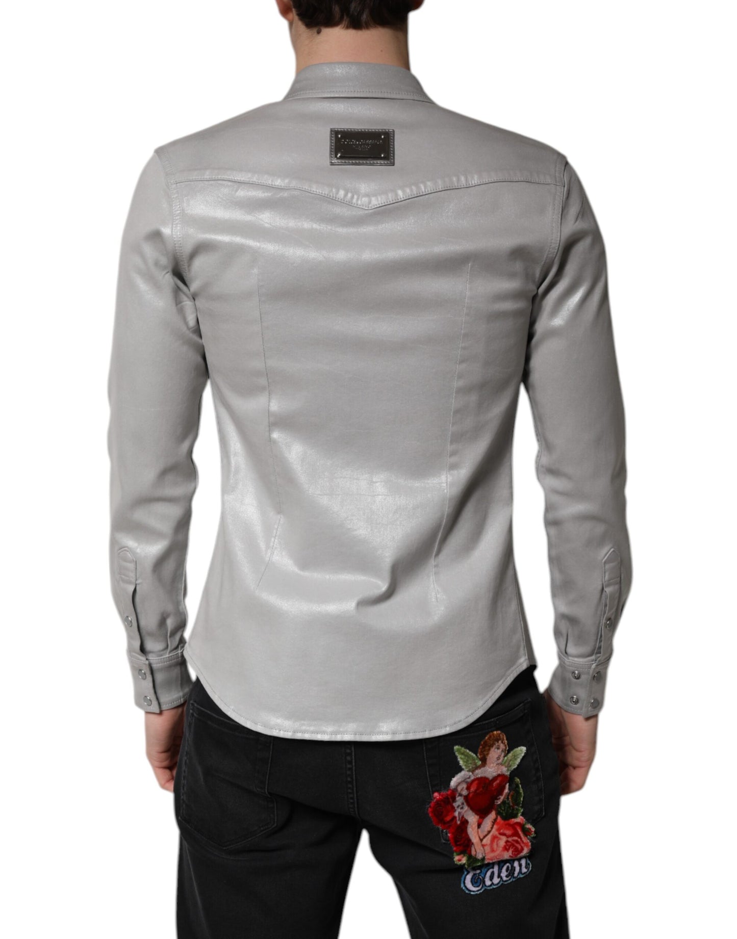 Dolce & Gabbana Metallic Grå Bomuldsskjorte Med Knapper