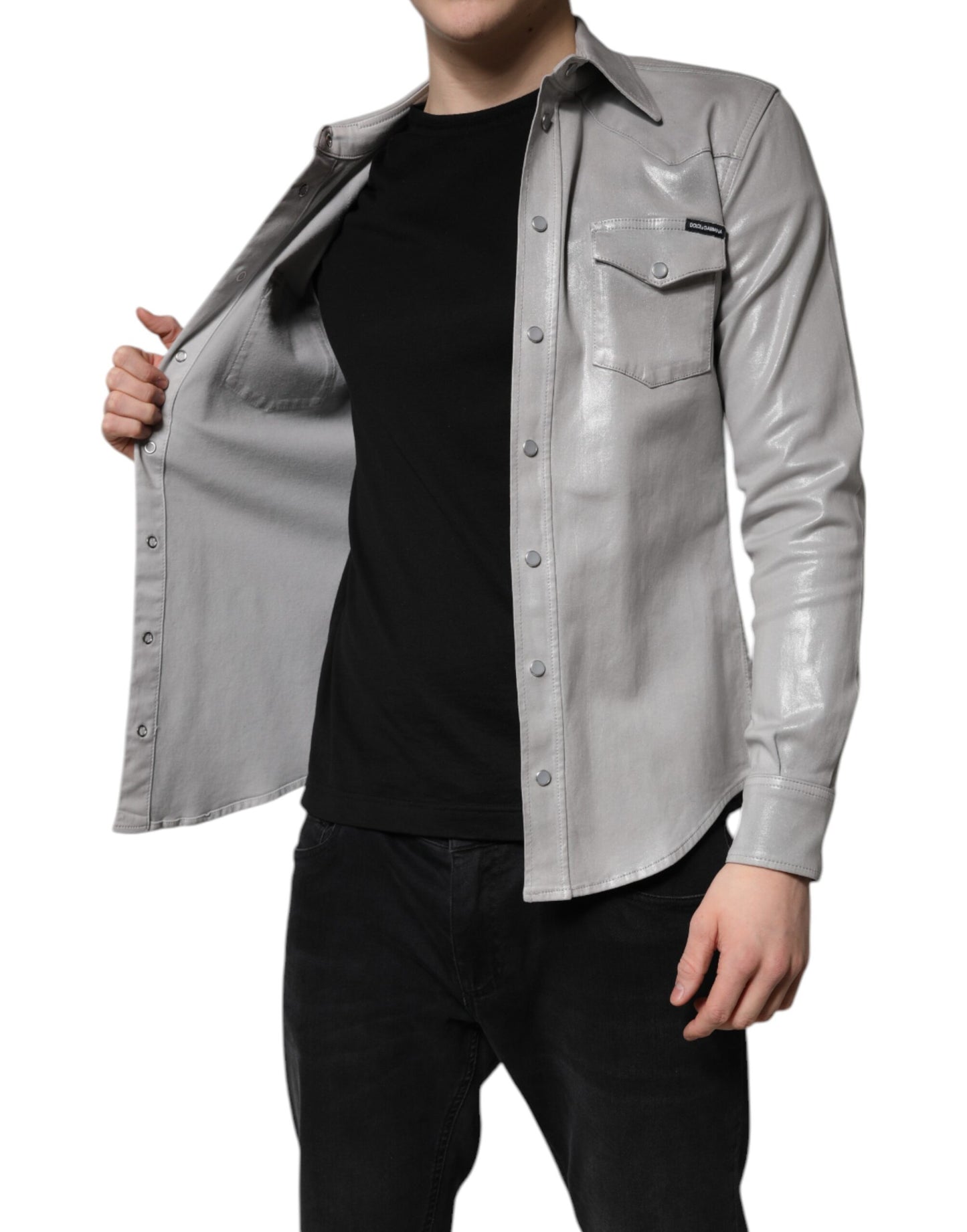 Dolce & Gabbana Metallic Grå Bomuldsskjorte Med Knapper