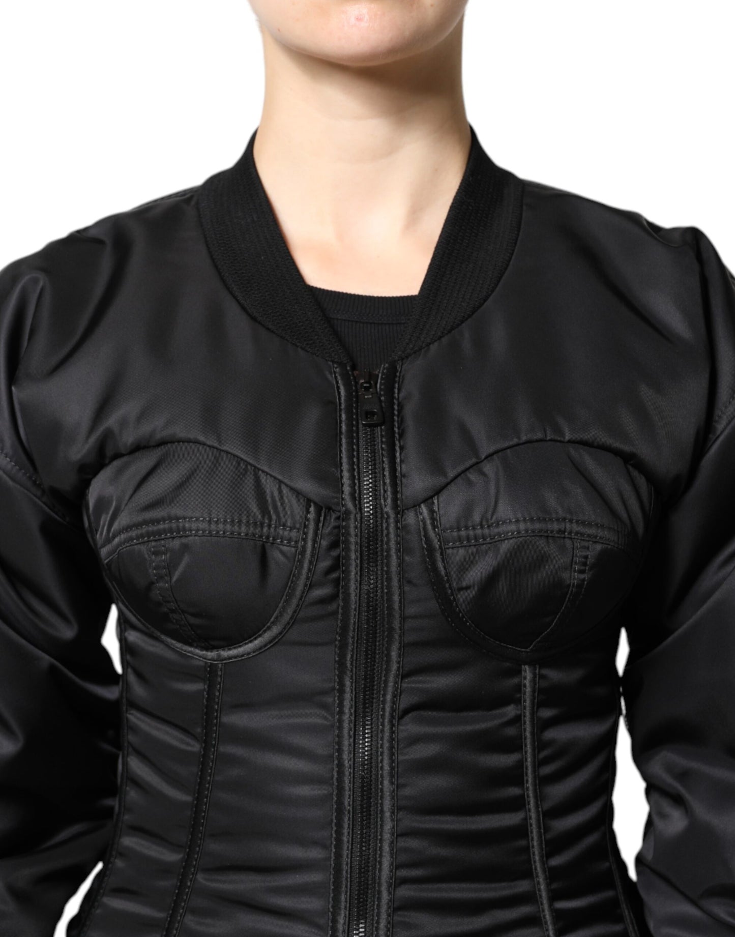 Dolce & Gabbana Sort Nylon Full Zip Bustier Korsetjakke
