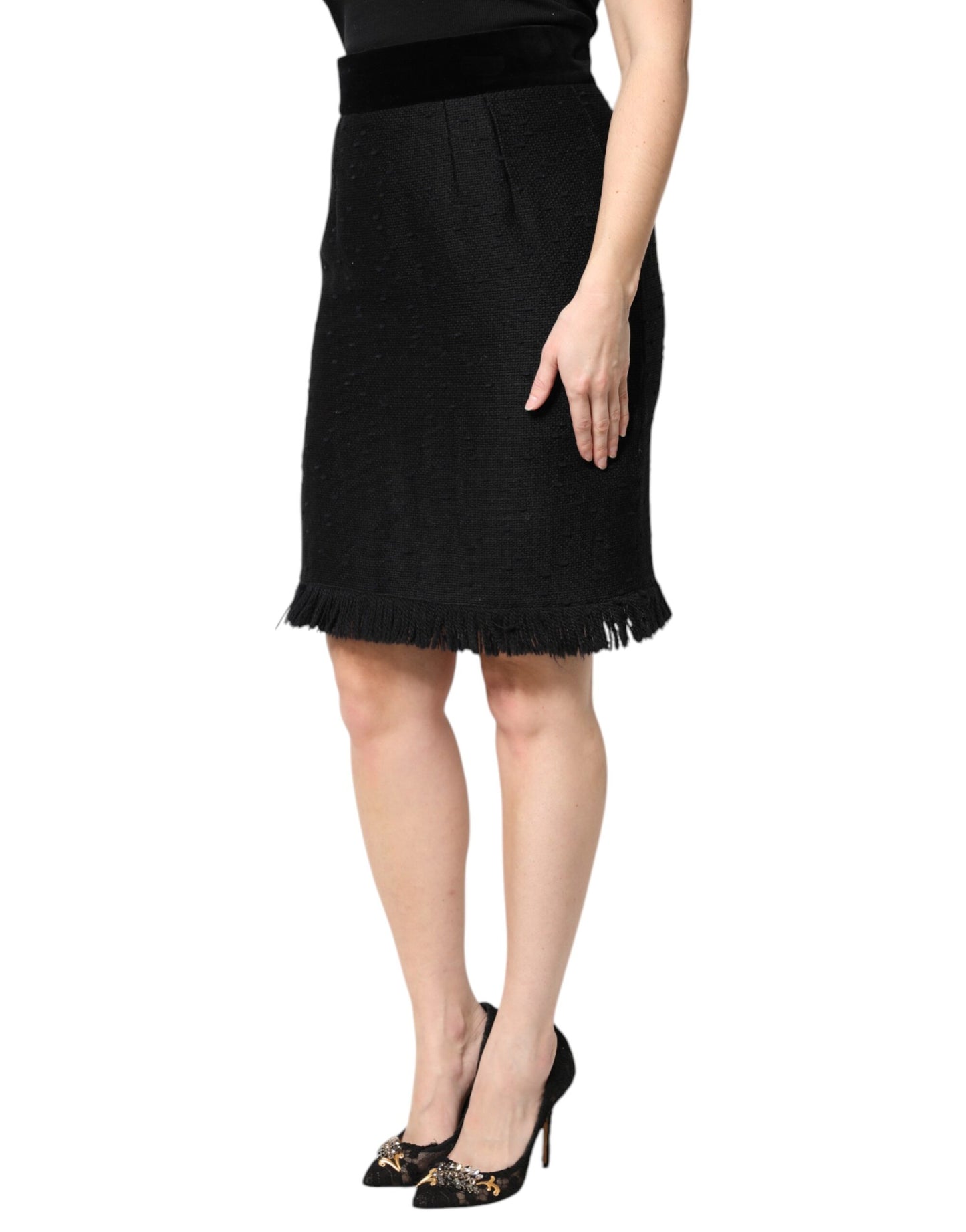 Dolce & Gabbana Sort Uld Frynser Højtaljet Pencil Mini Nederdel