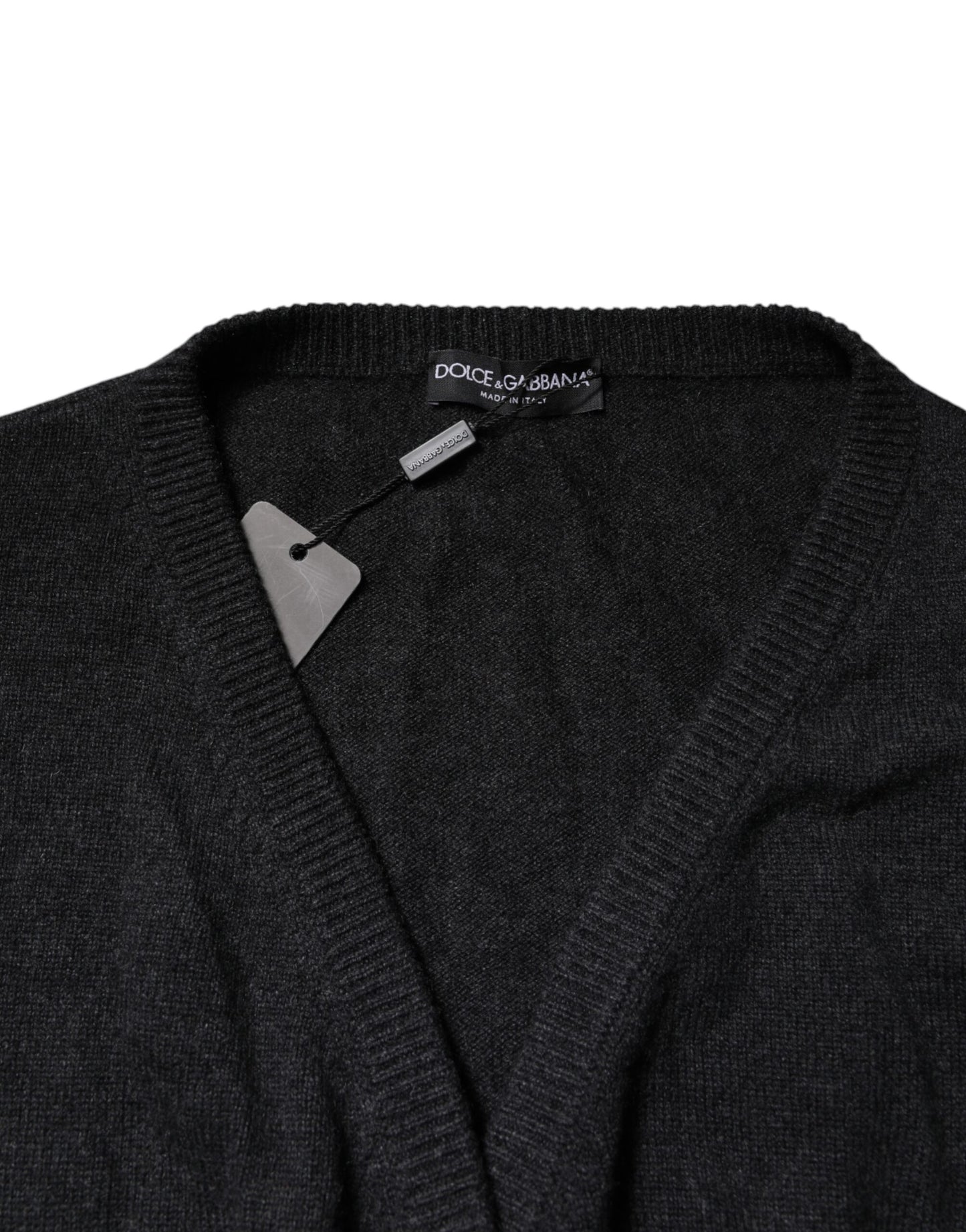 Dolce & Gabbana Grå Cashmere Pullover med Dyb V-hals