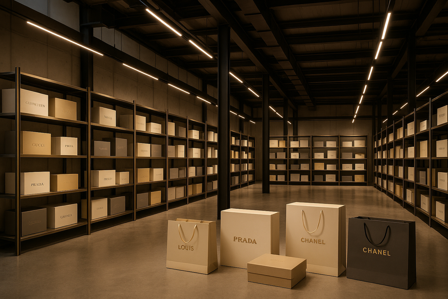 A warehouse with luxury boxes or a boutique with branded bags