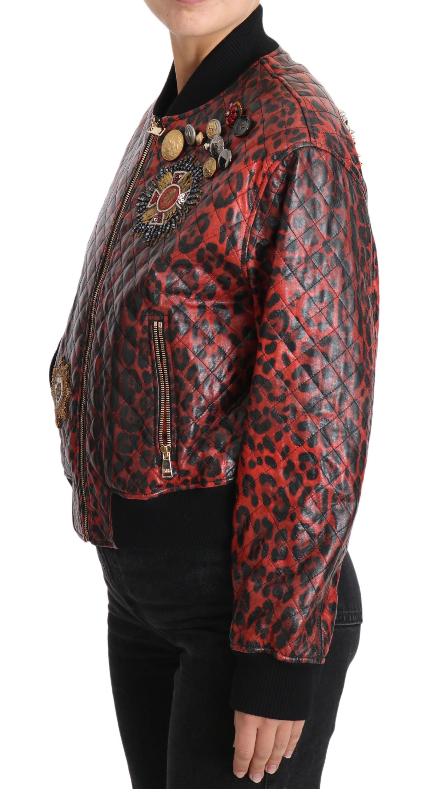 Dolce &amp; Gabbana rød leopard bomber læderjakke med krystalknapper