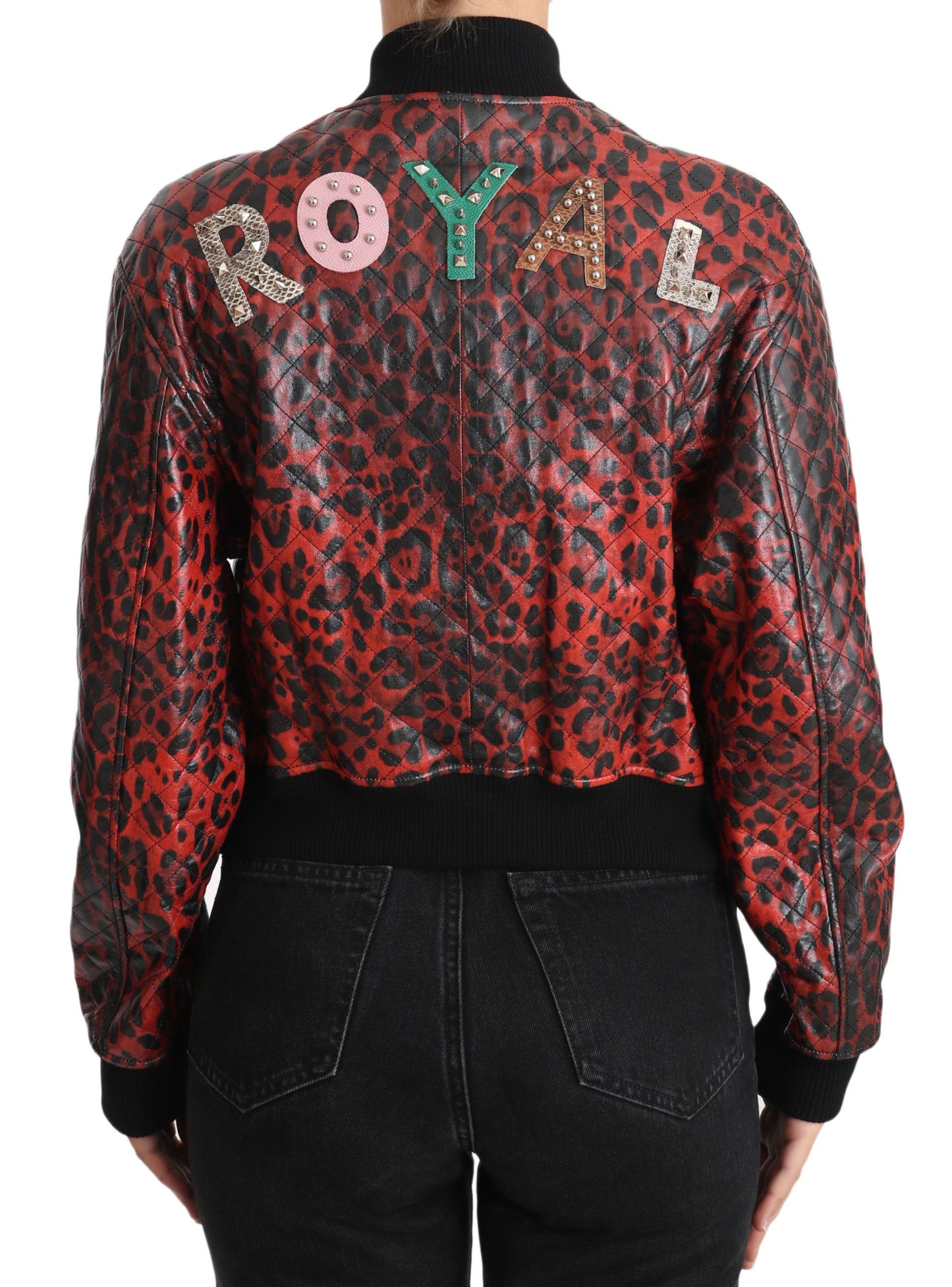 Dolce &amp; Gabbana rød leopard bomber læderjakke med krystalknapper