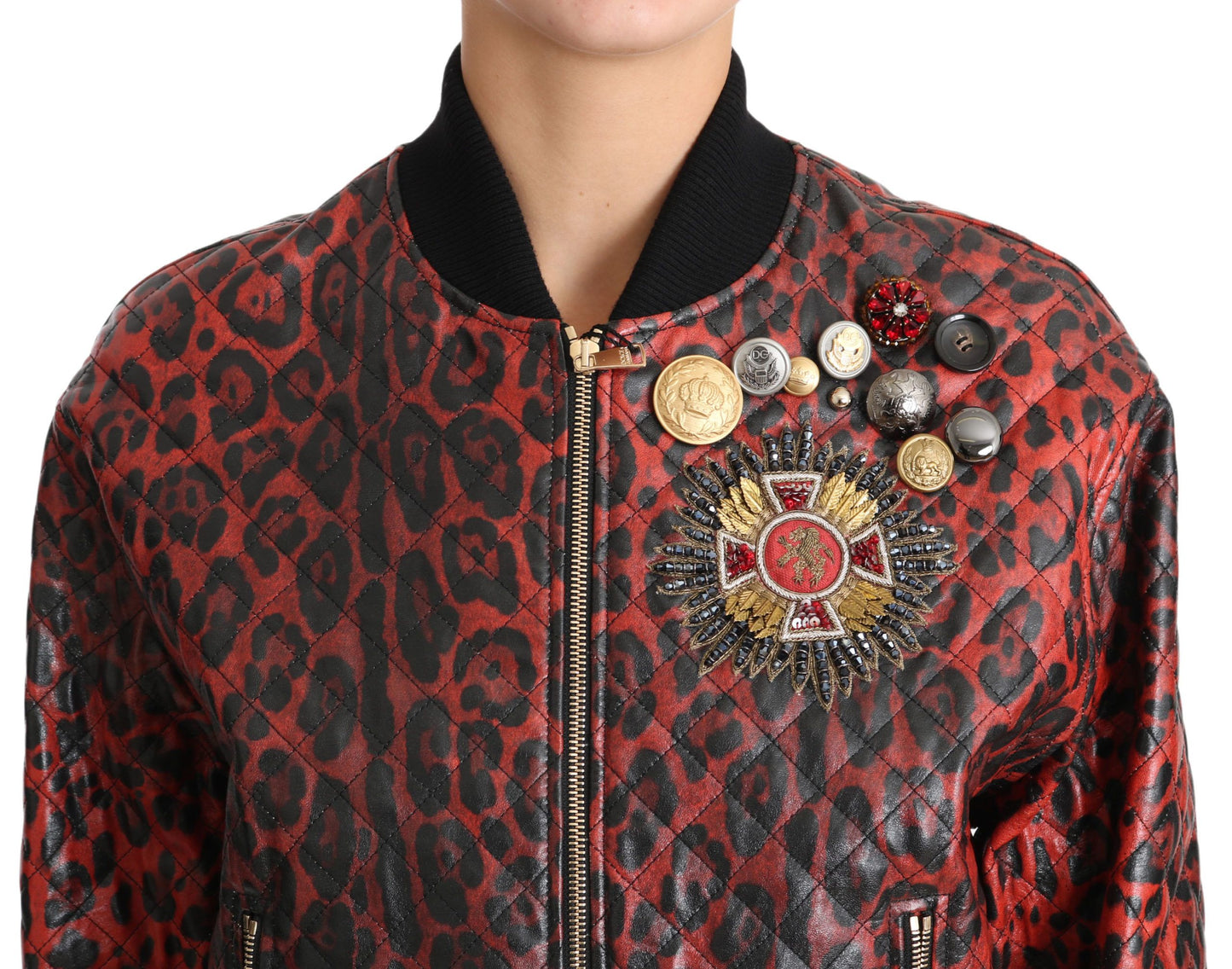 Dolce &amp; Gabbana rød leopard bomber læderjakke med krystalknapper