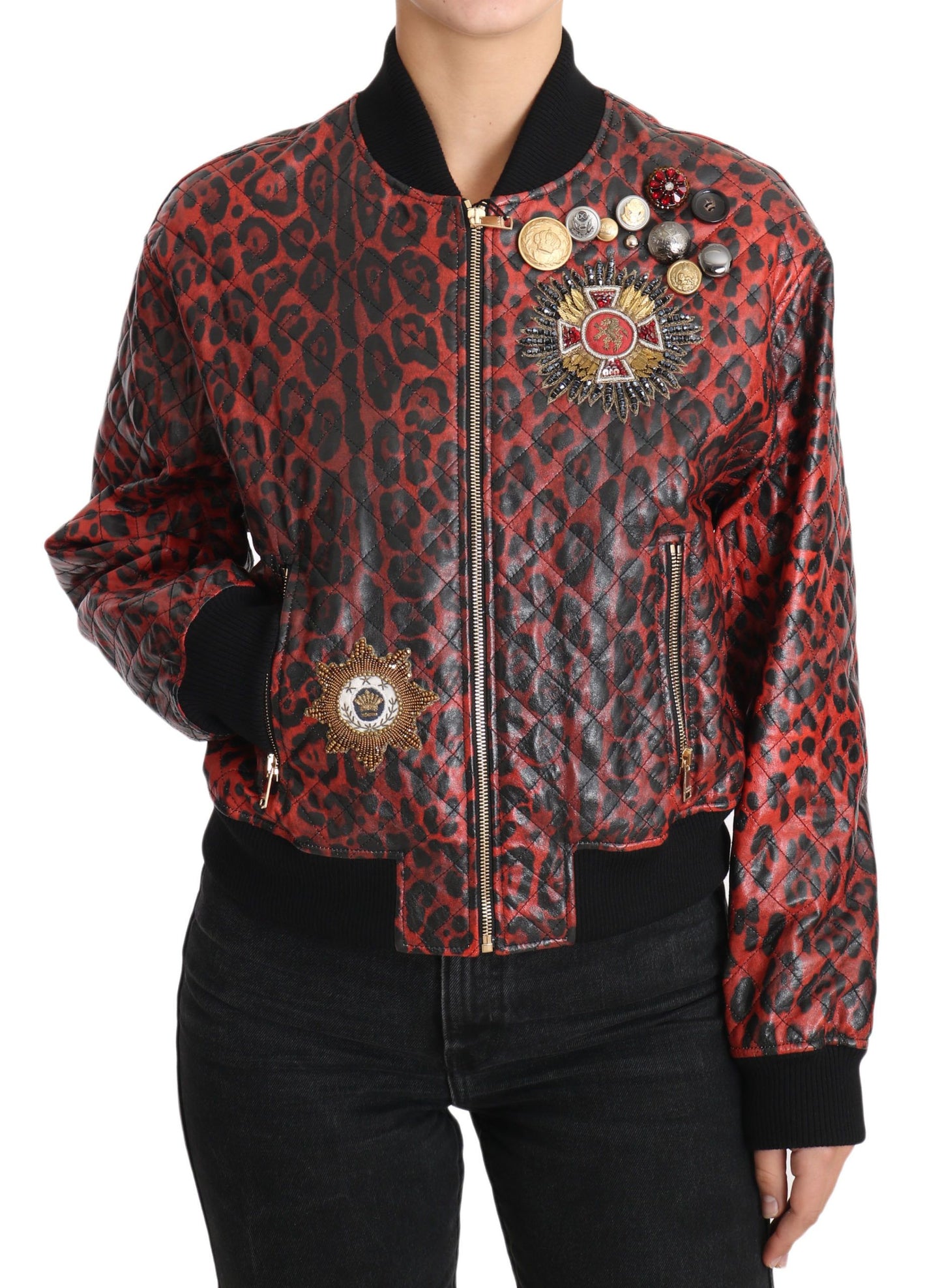 Dolce &amp; Gabbana rød leopard bomber læderjakke med krystalknapper