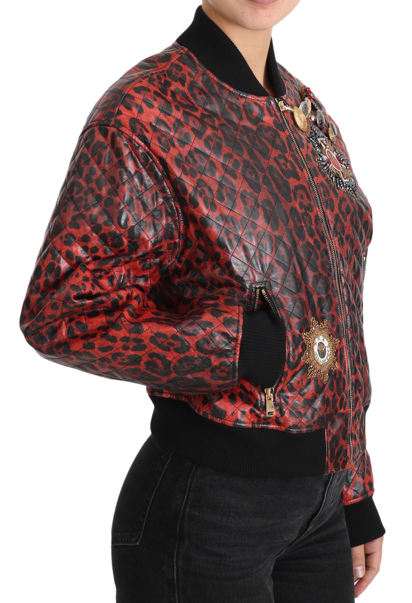 Dolce &amp; Gabbana rød leopard bomber læderjakke med krystalknapper