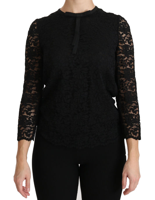 Dolce &amp; Gabbana Elegant Sort Blondebluse med Rund Hals
