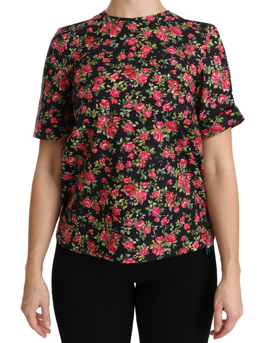 Dolce &amp; Gabbana Elegant Sort Blomstertop Med Rund Hals