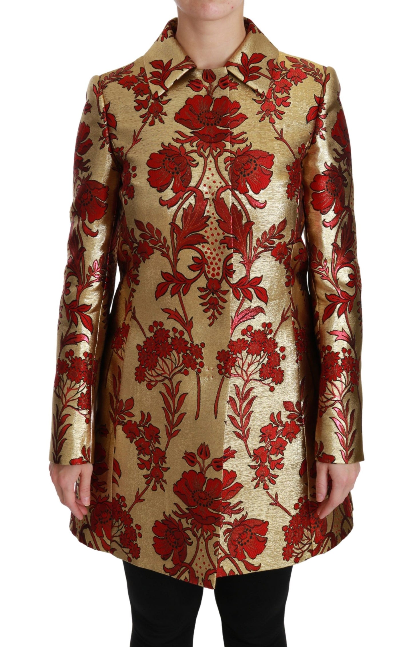 Dolce &amp; Gabbana Elegant Guld Blomster Brocade Trench Coat