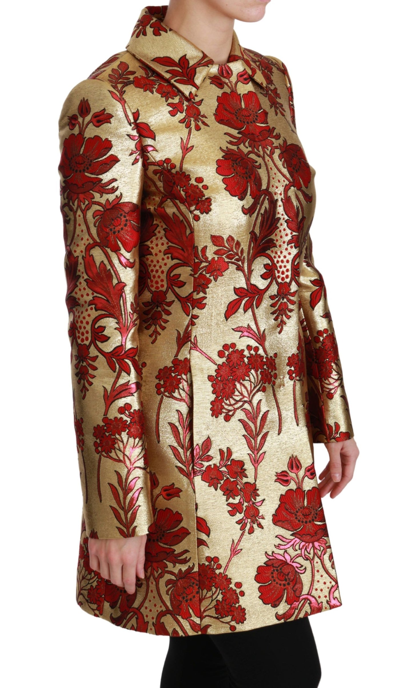 Dolce &amp; Gabbana Elegant Guld Blomster Brocade Trench Coat