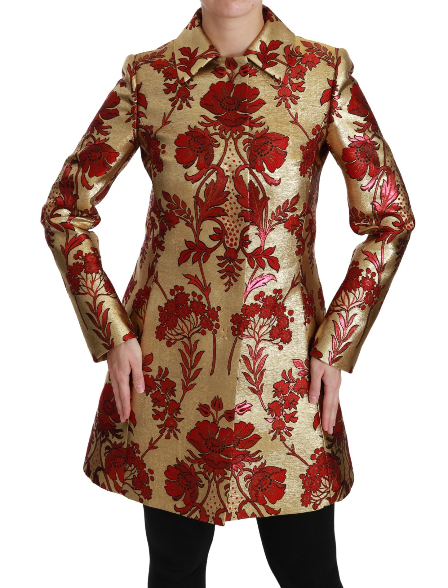 Dolce &amp; Gabbana Elegant Guld Blomster Brocade Trench Coat