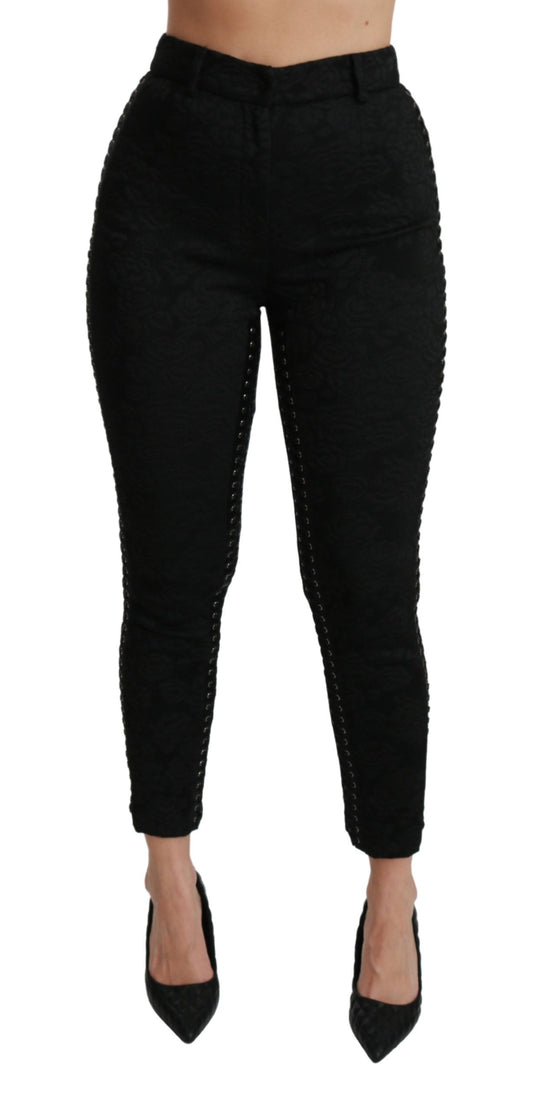 Dolce &amp; Gabbana Elegante Højtaljede Skinny Sorte Brokadebukser