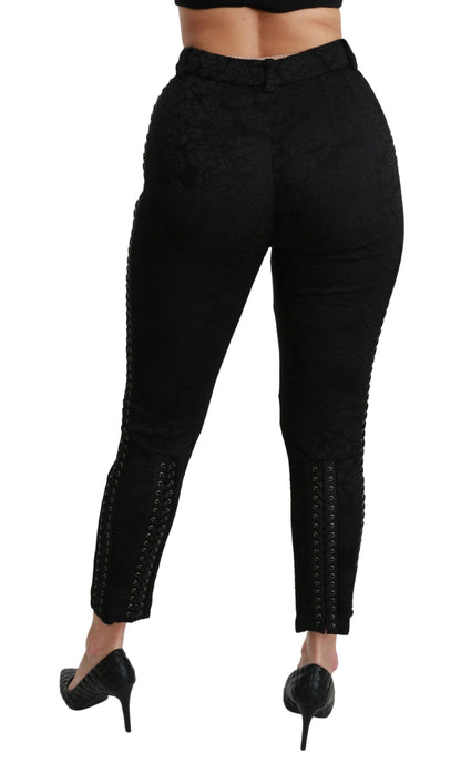 Dolce &amp; Gabbana Elegante Højtaljede Skinny Sorte Brokadebukser