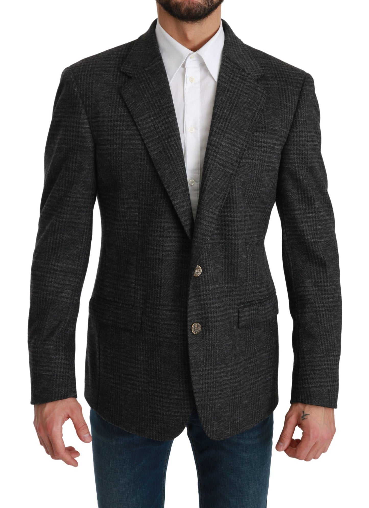 Dolce &amp; Gabbana Elegant Grey Plaid Virgin Wool Blazer